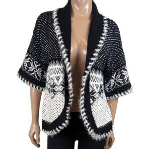 Anna Bella Fuzzy Open Cardigan Sweater Short Sleeve Shrug Fringe Winter Nordic
